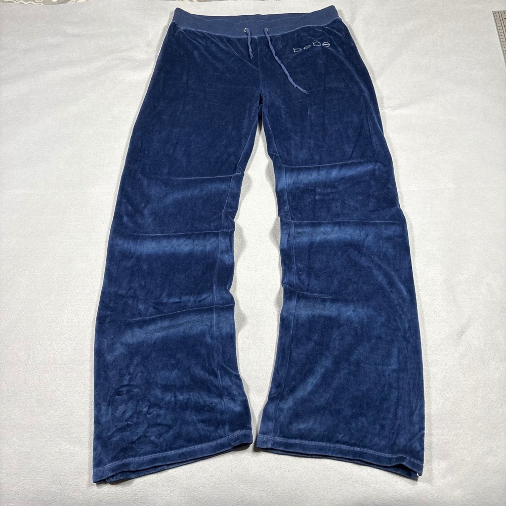 Bebe Velour Track Pants Navy Blue Rhinestone Logo Wide Leg Y2K Vintage Large
